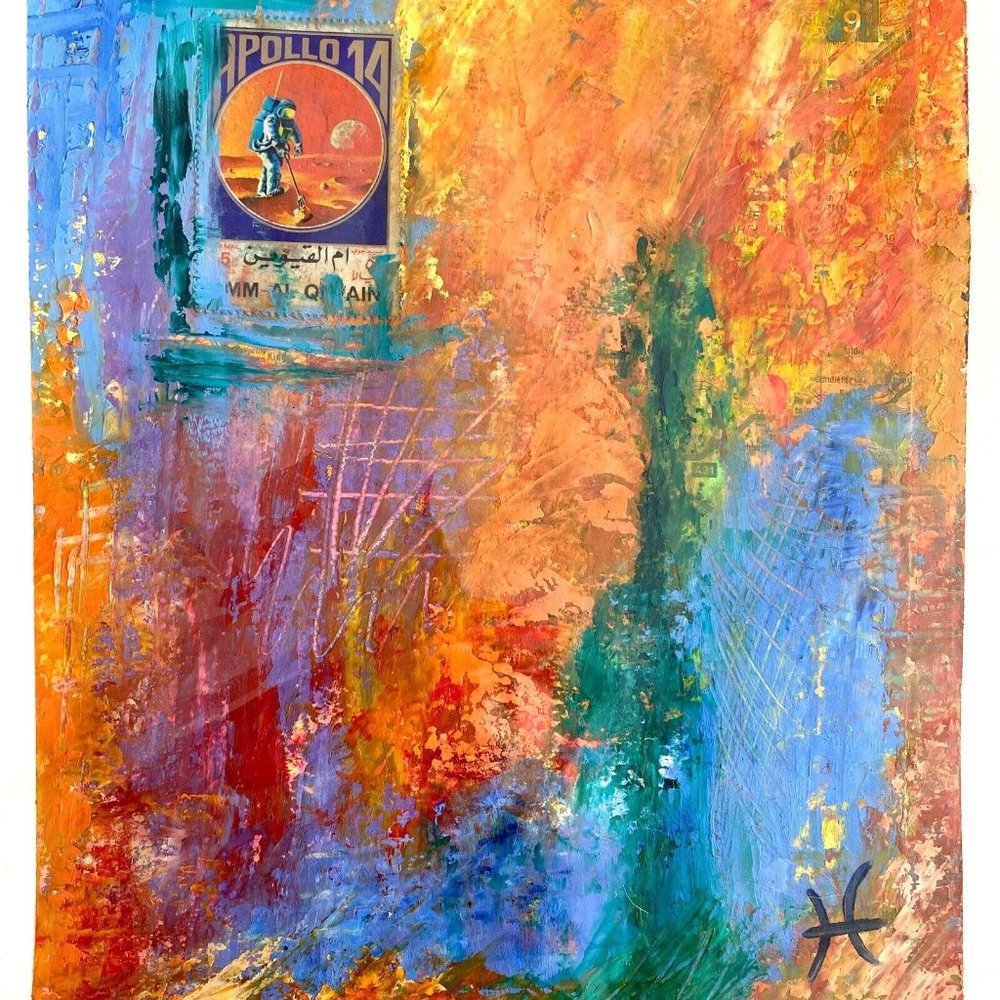 Moon Walk - Original Art Oil Painting Collage Cold Wax Colorful Texture 10.2x8in